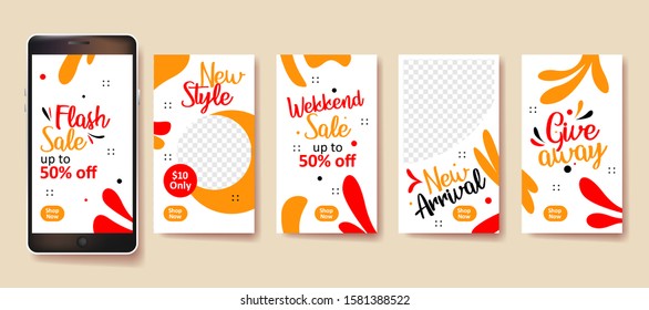 Special offer frame banner template for social media story.  Flash sale, new arrival, weekend and holiday for stories and web promotion. Mobile phone floral decoration layout. Vector illustration.