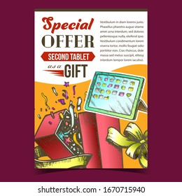 Special Offer Gift Box Advertise Poster Vector. Gift Box Opened With Confetti Decorated Ribbon Bow And Electronic Device Tablet. Fashion Container Template Designed In Vintage Style Color Illustration