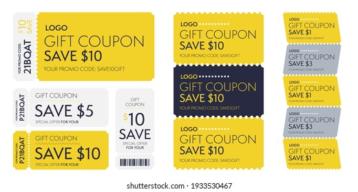 Special offer gift coupon template promo code to save money. Monetary voucher with 1, 3, 5, 10 dollar discount and barcode for shopping vector illustration isolated on white background