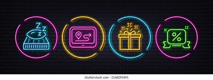 Special offer, Gps and Mattress minimal line icons. Neon laser 3d lights. Discounts ribbon icons. For web, application, printing. Delivery box, Journey route, Night pillow. Sale banner. Vector