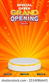 special offer grand opening sale discount portait template banner with blank space 3d podium for social media post product sale with abstract gradient orange background design69