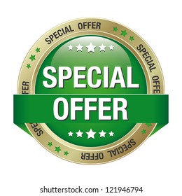 special offer green gold button isolated background