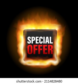 Special Offer Grunge Style Black Colored Fire Icon. Discount Label. Vector Stock Illustration.