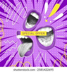 Special offer halftone collage banner. Screaming mouthes announcing crazy promotions. Social media retro poster. Modern vector design for promotion and marketing.