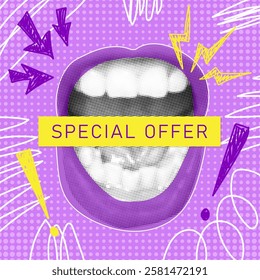 Special offer halftone collage banner. Screaming mouth announcing crazy promotions. Social media retro poster. Modern vector design for promotion and marketing