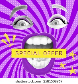 Special offer halftone collage banner. Admiring eyes and screaming mouth announcing crazy promotions. Social media retro poster. Modern vector design for promotion and marketing