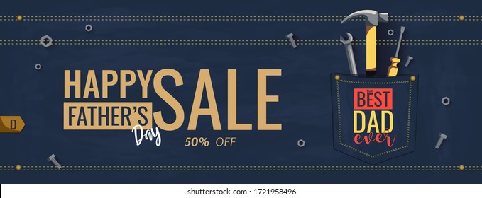 Special offer for Happy Father's Day with tools in the denim pocket, bolts and nuts on the jeans background. Vector illustration for poster, banner, special offer, sale, promotion, commercial.