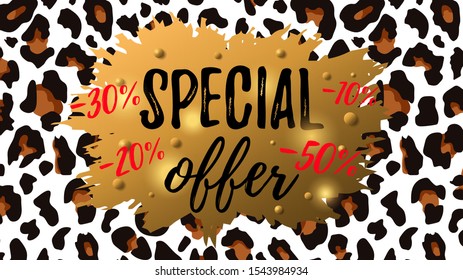 Special offer horizontal banner isolated on background with leopard pattern. Perfect for website, badge, poster,cover, booklet, print,flyer, blank, card, ad, sign.Vector illustration