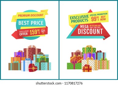 Special offer hot prices set with banners and gifts. Super sale buy natural products now limited time only. Presents in boxes with ribbons vector