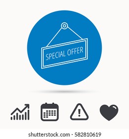 Special offer icon. Advertising banner tag sign. Calendar, attention sign and growth chart. Button with web icon. Vector