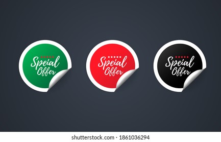 Icono de oferta especial. Juego de etiquetas. Vector de descuento. Juego de etiquetas de oferta especial. Etiquetas redondas en blanco, rojo y negro. Plantilla de distintivos de etiquetas de venta. Promoción de descuento. Ilustración vectorial. EPS10
