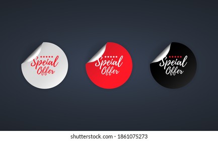 Special offer icon. Sticker set. Discount vector. Special offer labels set. Black, red and white round circle tags. Sale tags badges template. Discount promotion. Vector illustration. EPS10