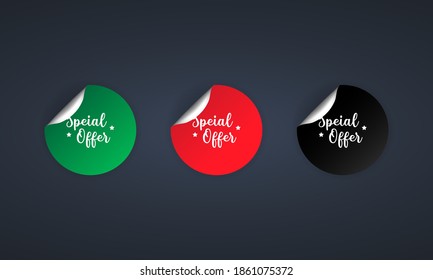 Special offer icon. Sticker set. Discount vector. Special offer labels set. Black, red and green round circle tags. Sale tags badges template. Discount promotion. Vector illustration. EPS10