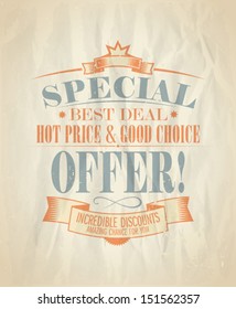 Special offer, incredible discounts design template in retro style. Eps10