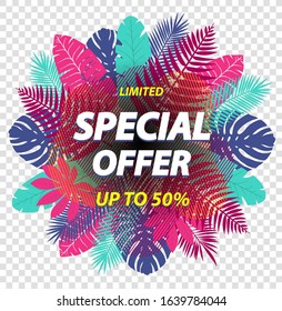 Special offer label design for poster, leaflet, placard, newsletter, promotion with tropical leaves. Vector illustration