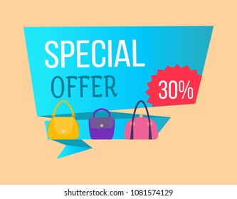 Special offer label discount tag 30% on sacks, vector illustration of emblem with bags advertisement sticker isolated sign fashion purses collection