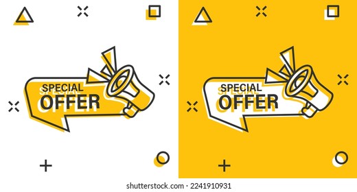 Special offer label icon in comic style. Megaphone with discount cartoon vector illustration on isolated background. Sale splash effect sign business concept.