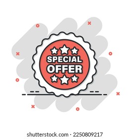 Special offer label icon in comic style. Discount banner cartoon vector illustration on isolated background. Sale sign business concept splash effect.