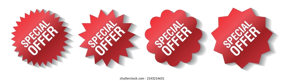 Special Offer label. Set of red stamps special offer isolated on white background. Red badges and labels special offer. Vector illustration. Set of red sticker with shadow isolated on white background