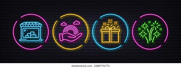 Special offer, Lgbt and Market minimal line icons. Neon laser 3d lights. Fireworks icons. For web, application, printing. Delivery box, Rainbow care, Store. Pyrotechnic salute. Vector