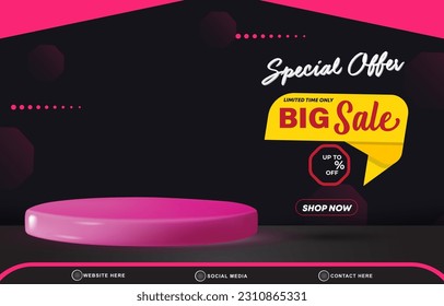 special offer limited big sale with landscape template banner and copy space 3d podium for product sale with abstract gradient black and purple background design