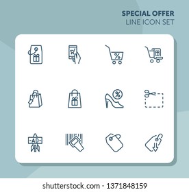 Special offer line icon set. Shoe shop, cart gift. Store concept. Can be used for topics like shopping, sale, discount