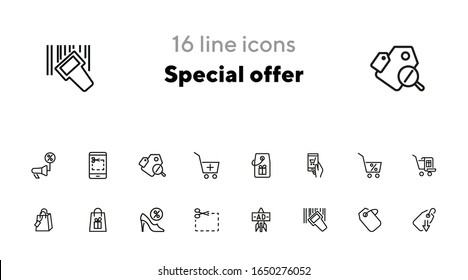 Special offer line icon set. Shoe shop, cart gift. Store concept. Can be used for topics like shopping, sale, discount