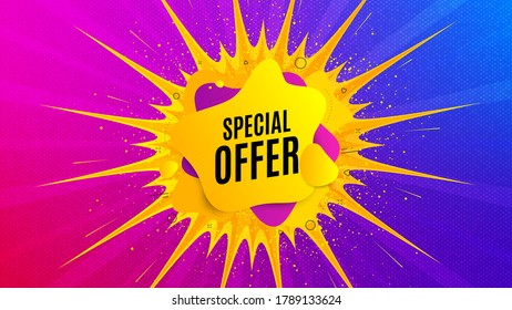Ofrecen una forma líquida especial. Banner de destello de luz intermitente. Cartel de descuento. Icono de cupón de venta. Fondo de forma degradado. Diseño de volante promocional. Promoción de ofertas especiales. Vector