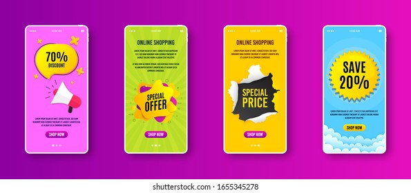 La oferta especial es de forma líquida. Cartel de la pantalla del teléfono. Cartel de descuento. Icono de cupón de venta. Cartel de venta en la pantalla del smartphone. Plantilla web de teléfono móvil. Oferta especial promocional. Vector
