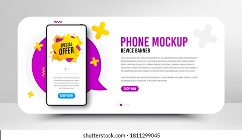 Ofrecen una forma líquida especial. Cartel de la parodia de la pantalla del teléfono. Cartel de descuento. Icono de cupón de venta. Banner de medios sociales con pantalla de smartphone. Plantilla web de burla de compras. Promoción de ofertas especiales. Vector