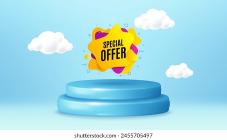 Sonderangebot Flüssigform. Winner Podium 3d Basis. Produkt bieten Sockel. Rabatt Aufkleber Banner. Sale Coupon-Symbol. Werbebotschaft für Sonderangebote. Hintergrund mit 3D-Wolken. Vektorgrafik