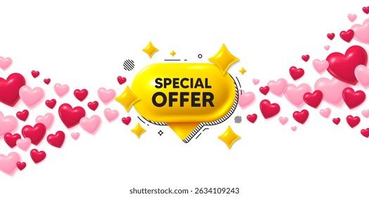 Special offer love banner with 3d hearts. Flying hearts background. Special offer 3d bubble banner. Yellow chat text box. Price tag icon. Valentines day greeting card. Vector