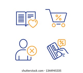 Special offer, Love book and Delete user icons simple set. Credit card sign. Discounts, Customer feedback, Remove profile. Loan percent. Business set. Linear special offer icon. Colorful design set