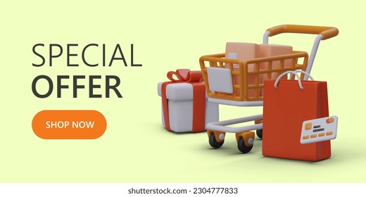 Oferta especial. Programa de fidelidad. Regalos para vacaciones. Bonos para los compradores. Productos adicionales por el mismo precio. Banner publicitario brillante con carrito de la compra realista, bolsa de papel, tarjeta de crédito, caja de regalo