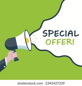 
Special offer - Male hand holding megaphone. Loudspeaker. Banner for business, marketing and advertising. Vector illustration