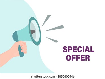 Special offer. A man's hand is holding a loudspeaker. Attention, important information. Megaphone alert. Advertising concept.Vector image
