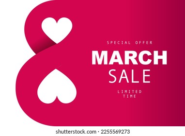 Special offer is a March sale with a limited time. March 8 - International Women's Day. Large red number 8 with two hearts on a white background. Vector illustration.