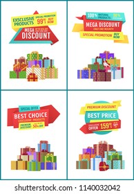 Special offer mega discount set with presents gifts in box decorated with ribbons and bows. Quality products super sales limited week only vector