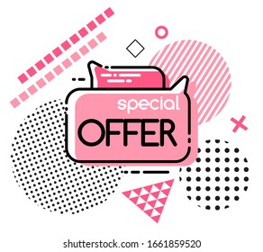 Special offer mega discount, super promo price isolated pink speech bubble and memphis style geometric figures. Vector illustration of best offer, sticker or label template with price off