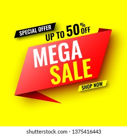 Special offer mega sale banner, up to 50% off. Red tag. Vector illustration.
