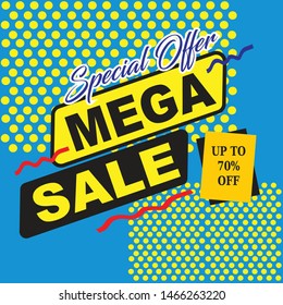 Special offer mega sale banner with blue background, up to 70% off. Vector illustration.