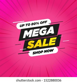 Special offer mega sale banner with on pink comic abstract background, up to 80% off. Vector illustration.