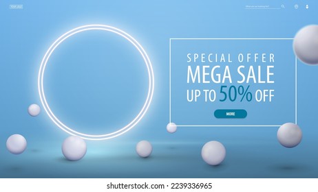 Special offer, mega sale, blue discount banner with offer and white neon rings.