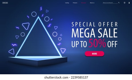 Oferta especial, mega venta, banner con descuento azul con oferta y podio triangular vacío con marco triangular neón sobre fondo