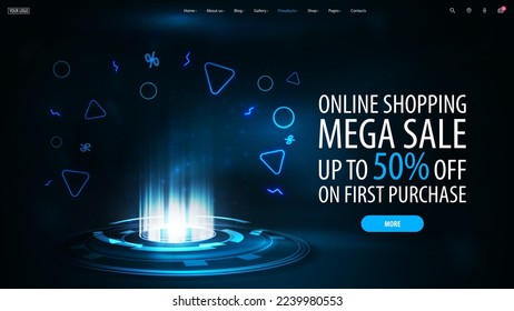 Special offer, mega sale, dark discount banner with offer and blue hologram of digital rings in dark room