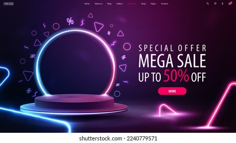 Special offer, mega sale, discount web banner with offer and empty podium floating in the air with line gradient neon ring on background and neon blue and pink triangles around