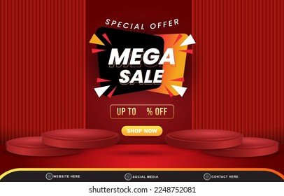 special offer mega sale discount template banner with blank space 3d podium for product sale with abstract gradient red background design