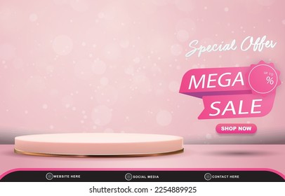 special offer mega sale discount template banner with blank space 3d podium for product sale with abstract gradient pink and white background design