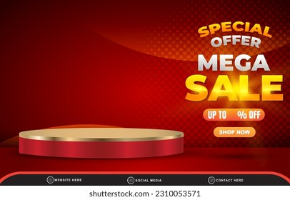 special offer mega sale discount for social media post banner with copy space 3d podium for product sale with abstract gradient red background design