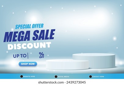 special offer mega sale dscount template banner with blank space 3d podium for product sale with abstract gradient blue and white background design1